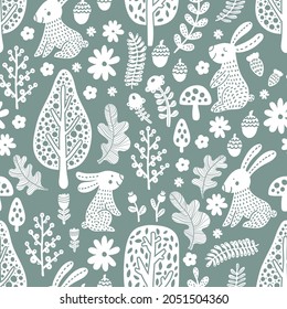 Cute rabbits in the Scandinavian forest. Seamless template can be used for wallpapers, fill templates, web pages backgrounds, surface textures