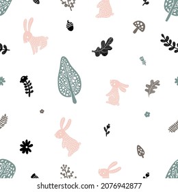 Cute rabbits in the Scandinavian forest. Seamless template can be used for wallpapers, fill templates, web pages backgrounds, surface textures