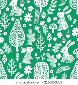 Cute rabbits in the Scandinavian summer forest. Seamless template can be used for wallpapers, fill templates, web pages backgrounds, surface textures