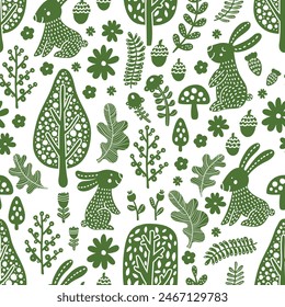 Cute rabbits in the Scandinavian summer forest. Seamless template can be used for wallpapers, fill templates, web pages backgrounds, surface textures