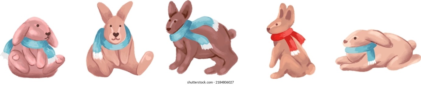 Cute rabbits in scarves, isolated on a white background. Rabbits are the symbol of 2023. Hand-drawn vector illustration