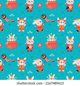 Cute rabbits seamless pattern. New Year China horoscope symbols. Bunny with national costumes. Lucky holiday signs. Prosperity talismans. Zodiac animal characters. Garish