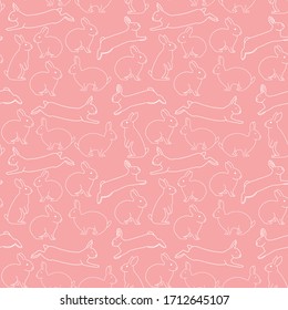 Cute rabbits seamless vector pattern. Many scattered sitting and jumping hares. Isolated. Pink, black, white colors. Symbol of Easter. For printing on fabrics, paper, social media posts, banners.
