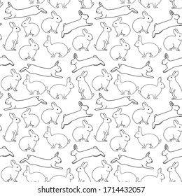 Cute rabbits seamless vector pattern. Many scattered sitting and jumping hares. Isolated. Pink, black, white colors. Symbol of Easter. For printing on fabrics, paper, social media posts, banners.
