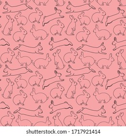 Cute rabbits seamless vector pattern. Many scattered sitting and jumping hares. Isolated. Pink, black, white colors. Symbol of Easter. For printing on fabrics, paper, social media posts, banners.

