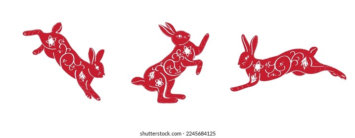 Cute rabbits set. Chinese Lunar new year collection. Traditional papercut Jianzhi elements