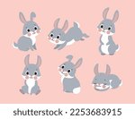 Cute rabbits set. Collection of graphic elements for website. Animal, symbol of spring holidays. Forest dweller and wild life, mammal. Cartoon flat vector illustrations isolated on pink background