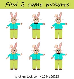 Cute rabbits set. Find two same pictures. Educational matching game for children. Cartoon vector illustration