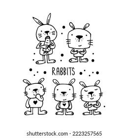 Cute rabbits set isolated on white background. Hand drawn vector design elements for Easter or Chinese New Year 2023. Doodle style.