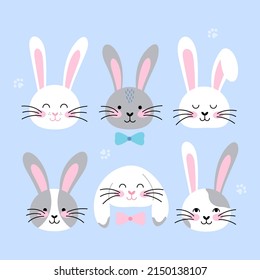 Cute rabbits. Set of portraits of white and gray hares in a flat style. Vector illustration.