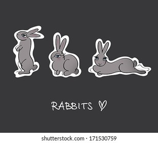 Cute Rabbits / Set of three stickers with drawing of bunnies