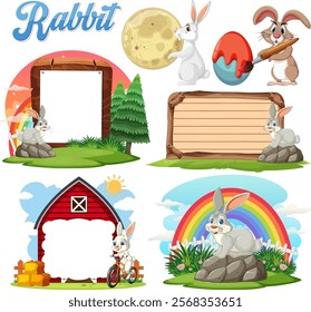 Cute rabbits with signs and colorful backgrounds