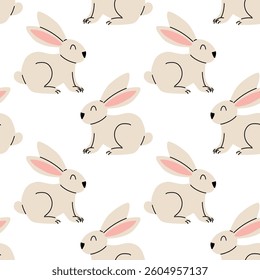 Cute rabbits sit on a simple white background with minimalistic design for various uses