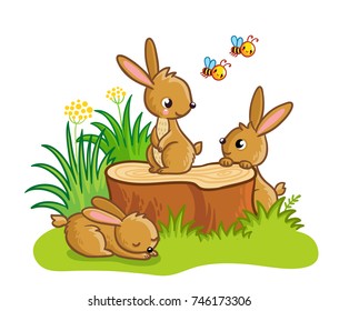 Cute rabbits sitting around the stump. Vector illustration with animals in children's cartoon style.
