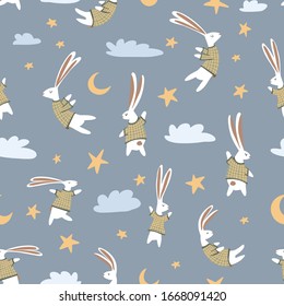 Cute rabbits sleeping hand-drawn vector seamless pattern. Cartoon kids pattern with rabbit, hare, clouds, moon, stars on blue background for wrapping paper, fabric, textile, wallpaper, background