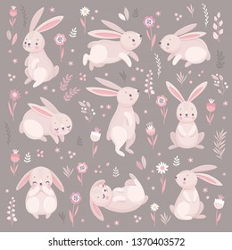 Cute rabbits sleeping, runnung, sitting. Lovely Easter characters. Vector illustration.