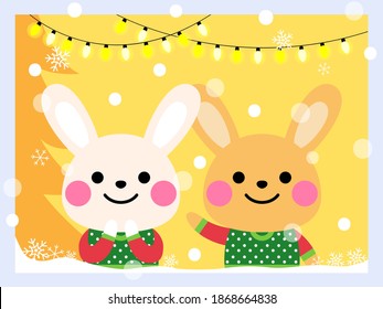 cute rabbits in snowy day cartoon illstration