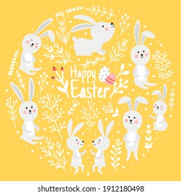 Cute rabbits of spring day. Cartoon elements of happy easter, decorative characters of holiday, vector illustration of bunnies with branches and eggs isolated on yellow background