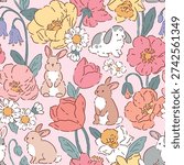 Cute rabbits with spring floral background. Seamless vector pattern. Hand drawn Easter bunny pattern. 
