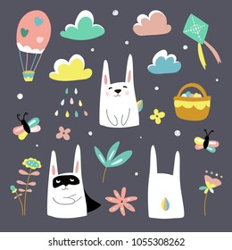 Cute rabbits with spring seasonal flowers, clouds, butterflies, basket with easter eggs, balloon, super hero rabbit, raindrops, green kite, decorative childish elements for design. Flat vector design 