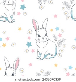 Cute rabbits and stars and flower background vector seamless pattern 