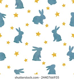 Cute rabbits and stars pattern. Seamless watercolor vector bunny background