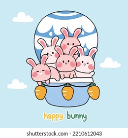 Cute rabbits stay in balloon with carrot.Animals character cartoon design.Sky background.Kid graphic hand drawn.Kawaii.Vector.Illustration.