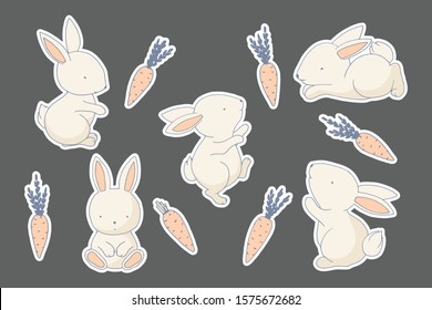 Cute rabbits stickers set, bakery decorations, birthday labels kit, baby shower party elements classic, universal design