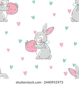 Cute rabbits and strawberry background vector seamless pattern, Bunnys 