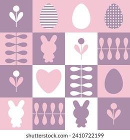 Cute rabbits, striped and dotted eggs and flowers Easter pattern. Perfect print for poster, card, banner, tablecloth. Great design for any project.
