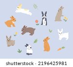 Cute rabbits of various colors and patterns are running around the flower garden. flat design style vector illustration.