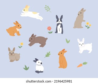 Cute Rabbits Of Various Colors And Patterns Are Running Around The Flower Garden. Flat Design Style Vector Illustration.