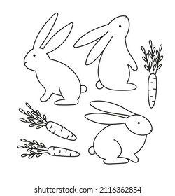 Cute rabbits in various poses with carrots. Hand-drawn vector rabbits, isolated on white background. Line art. Spring season concept, Easter, nature.