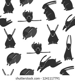 Cute rabbits in various poses. Hand drawn vector seamless pattern. Black and white version