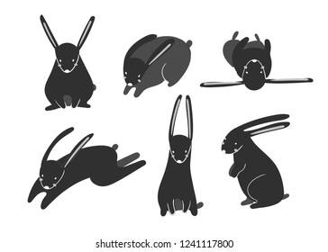 Cute rabbits in various poses. Hand drawn vector set. Black and white version. All elements are isolated