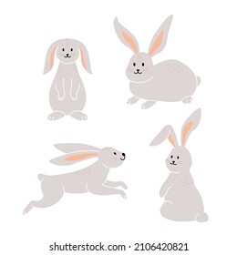 Cute rabbits in various poses. Hand drawn vector set. Colored version. White background. All elements are isolated