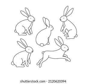 Conejos cortos en diferentes poses. Conejos vectoriales dibujados a mano, aislados en fondo blanco. Arte de línea. Concepto de la temporada de primavera, Pascua, naturaleza.