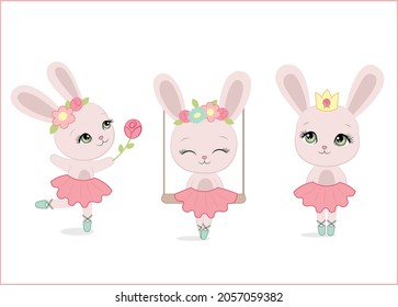 Cute Rabbits Vector. Baby rabbits Ballet Pink Flowers Pink Rose Bouquet