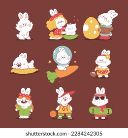 Cute rabbits vector cartoon characters set isolated on background.