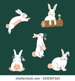 Cute Rabbits Vector Isolated Elements Set