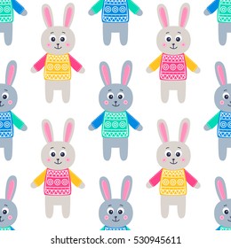 Cute rabbits. Vector seamless pattern with hand drawn flat hare in a sweater. Childish background. Bright colors - yellow, pink, green, orange, grey, blue. On white background. 