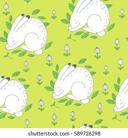 The cute rabbits. Vector seamless pattern. Hand drawn illustration with bunny sleeping on green meadow. Easter cartoon character
