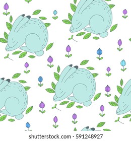 The cute rabbits. Vector seamless pattern. Hand drawn illustration with bunny sleeping on green meadow. Easter cartoon character