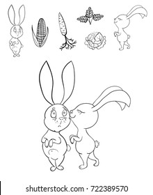 The cute rabbits with vegetables (carrots, corn, cabbage) for coloring book 