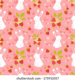 Cute rabbits and wild strawberries forest seamless pattern