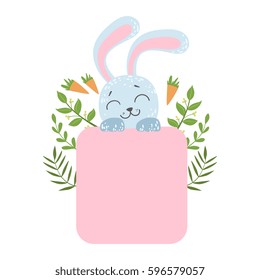 Cute Rabblit With Carrots And Plants Vector Sticker, Template St. Valentines Day Message Element Missing Text With Cute Animal Character