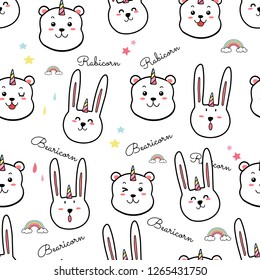 Cute rabicorn and bearicorn seamless pattern cartoon hand drawn