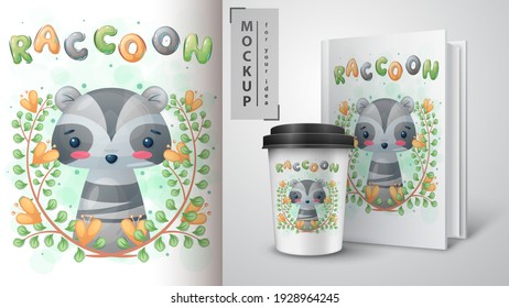 Cute raccon in forest poster and merchandising. Vector eps 10