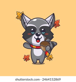 Cute raccoon with acorns at autumn season. Mascot cartoon vector illustration suitable for poster, brochure, web, mascot, sticker, logo and icon.