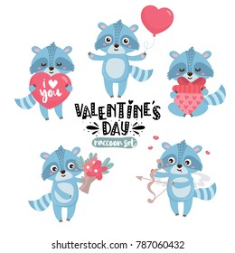 Cute raccoon angels with hearts, balloon, flowers in cartoon style. Funny Valentines day set in vector. Childish concept illustration. Hand drawn letters.